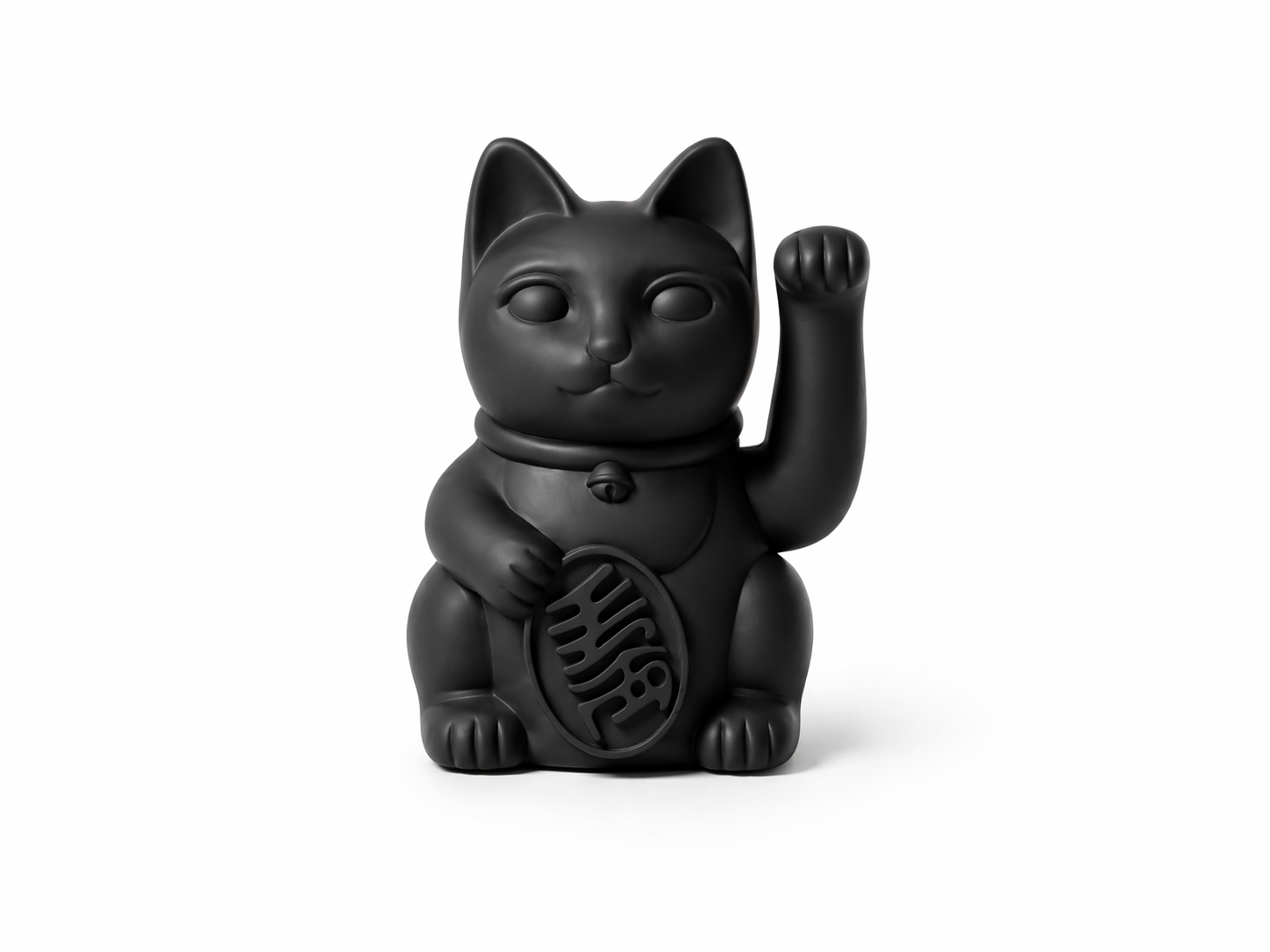 Black cat-shaped figurine with a round body on a white background